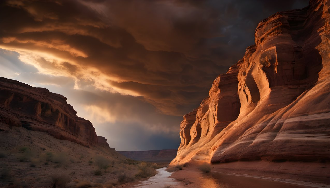 Reflected light bouncing through a narrow slot canyon under dramatic clouds