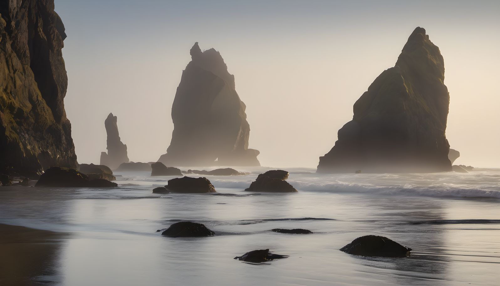 Sea stacks rising from the ocean in morning fog in soft morning light