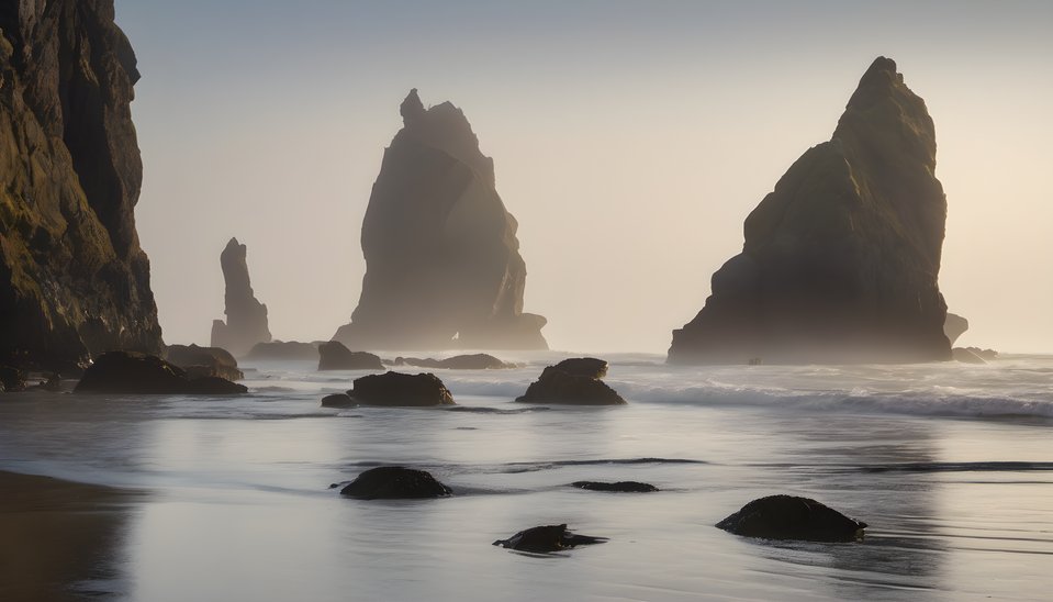 Sea stacks rising from the ocean in morning fog in soft morning light