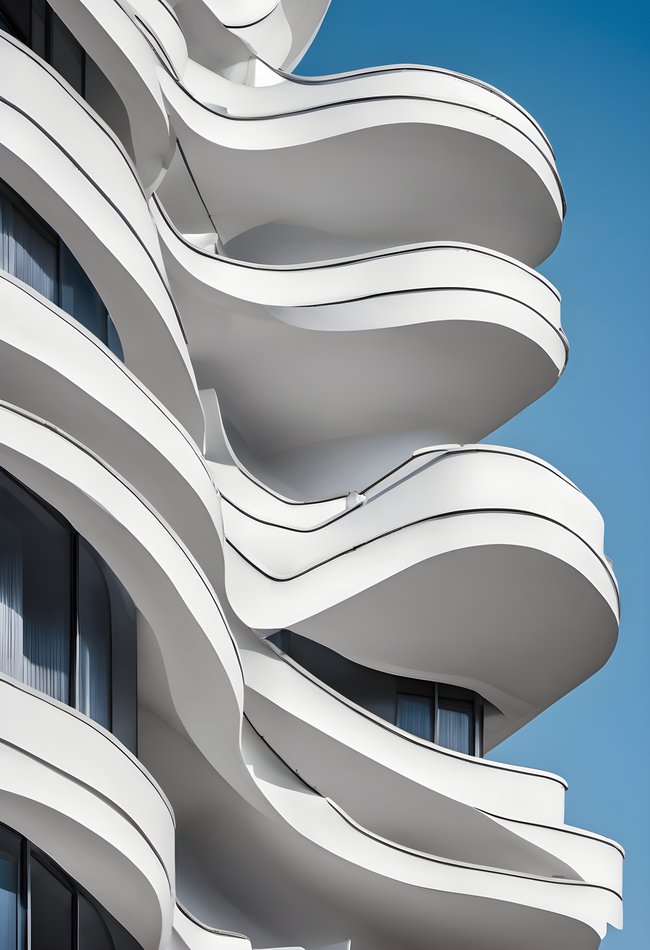 Sweeping white balconies curving up a modern building against blue sky