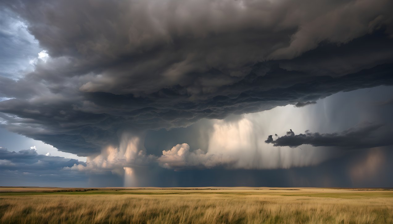 Storm clouds building over open grassland plains in soft morning light