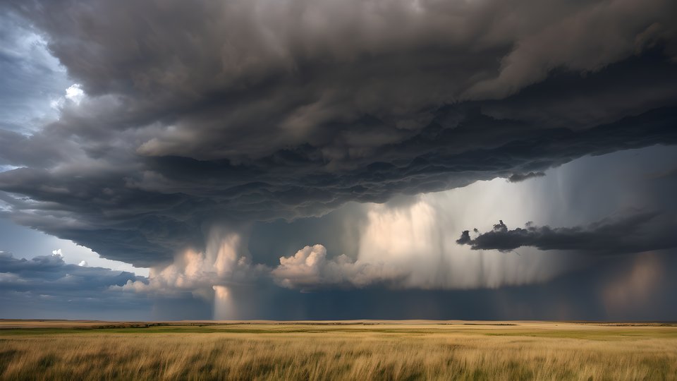 Storm clouds building over open grassland plains in soft morning light
