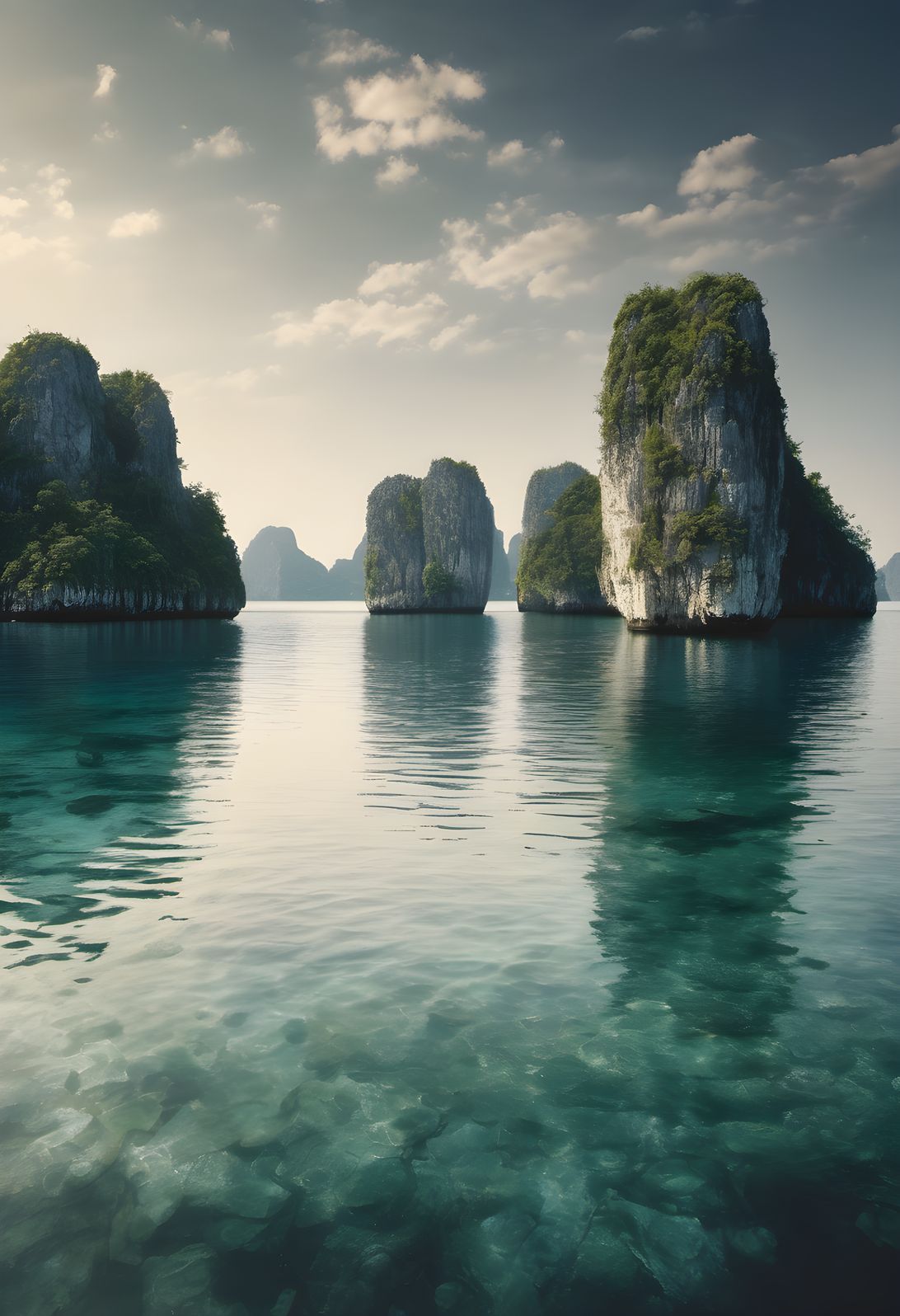 Limestone karst islands rising from a calm bay