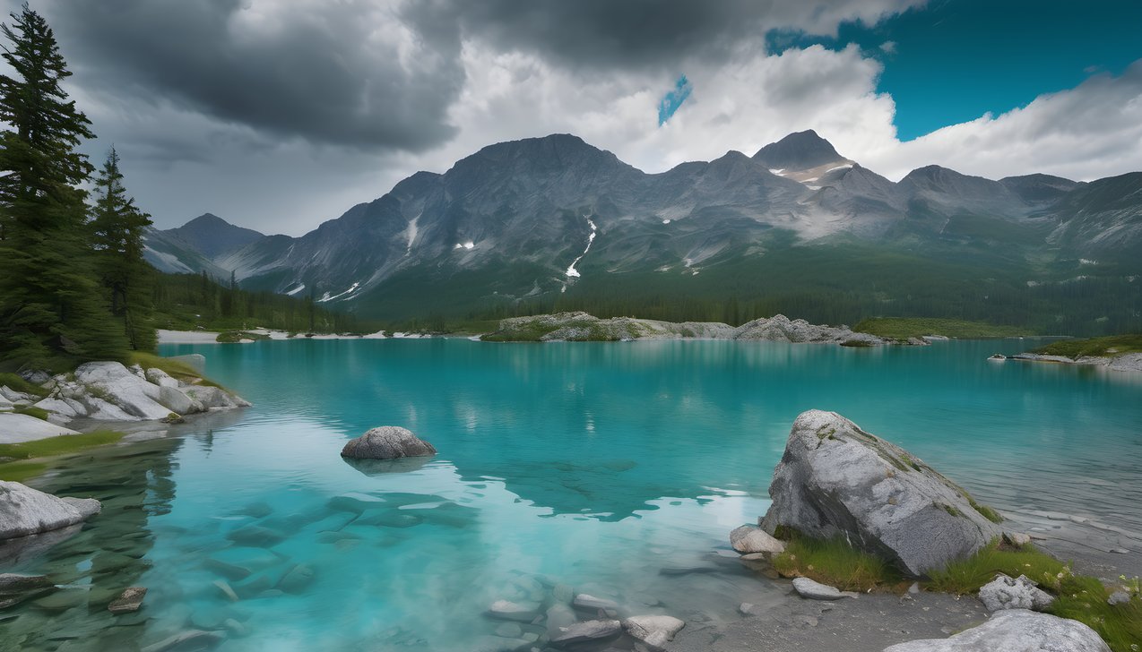 A turquoise alpine lake framed by granite shores after rain