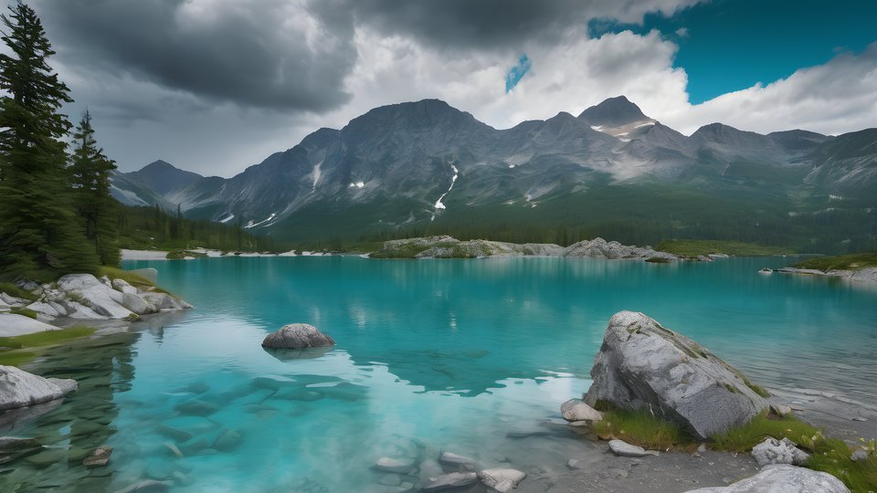 A turquoise alpine lake framed by granite shores after rain