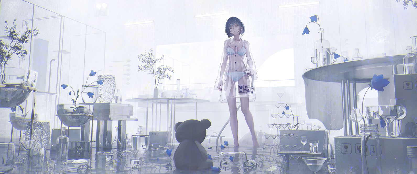 An anime girl in a white outfit stands in a flooded pale room filled with glass vases and blue flowers.