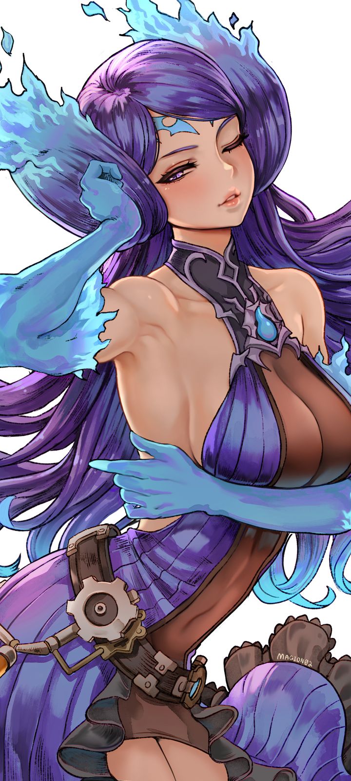 Anime illustration of a purple-haired woman with glowing blue flame arms and a purple dress.