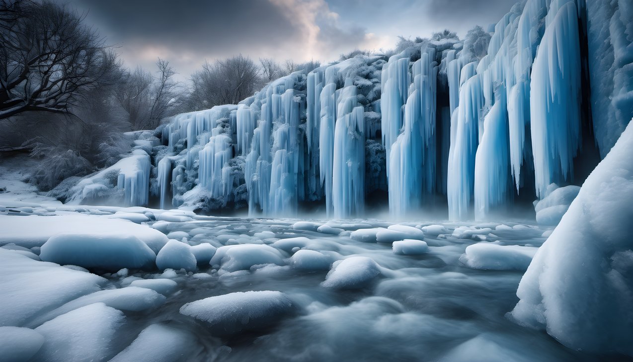 A waterfall frozen into blue ice columns under dramatic clouds