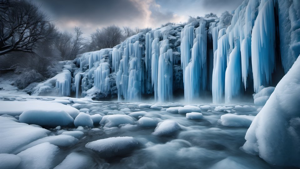 A waterfall frozen into blue ice columns under dramatic clouds