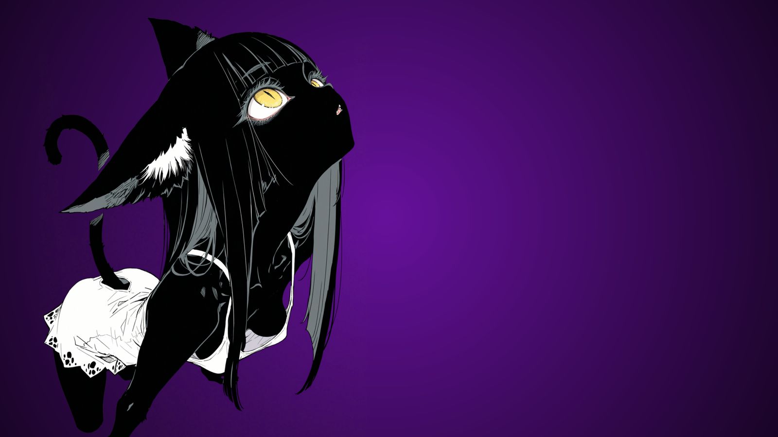 Anime illustration of a black cat girl with yellow eyes and long dark hair against a purple background.