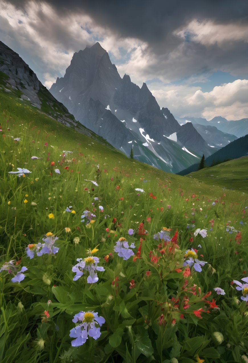 Wildflowers scattered across an alpine meadow beneath peaks after rain