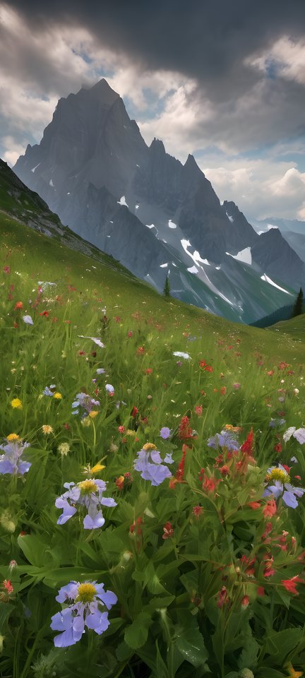 Wildflowers scattered across an alpine meadow beneath peaks after rain
