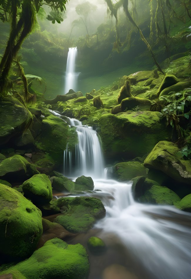 A waterfall dropping through lush rainforest with mist and mossy rocks
