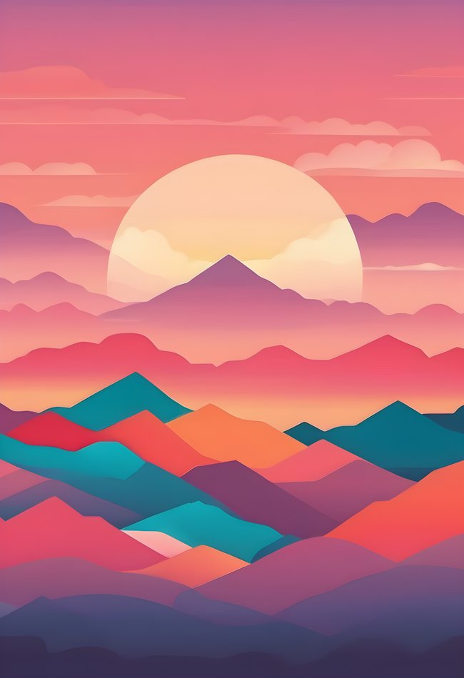 A flat vector illustration of mountains at sunrise with geometric clouds