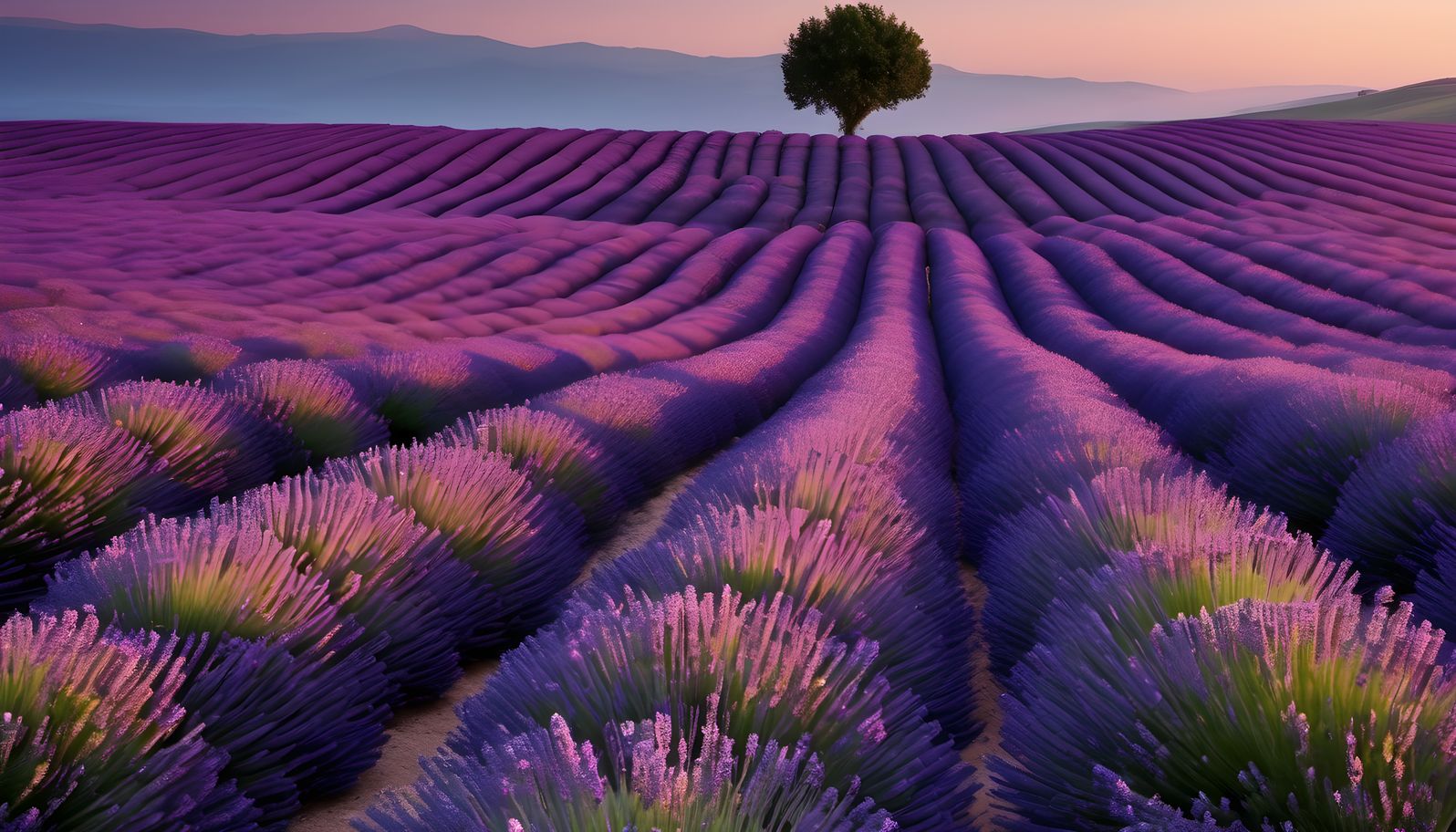 Rows of lavender stretching to the horizon at dusk
