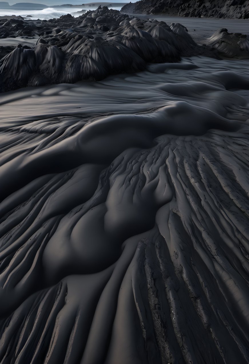 Black sand coastline shaped by volcanic rock in soft morning light