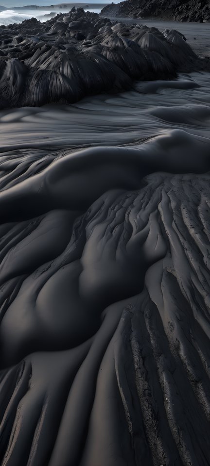 Black sand coastline shaped by volcanic rock in soft morning light