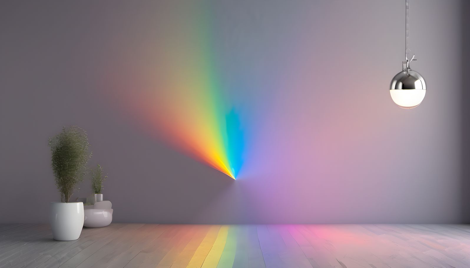 Prism light splitting into a spectrum on a matte wall