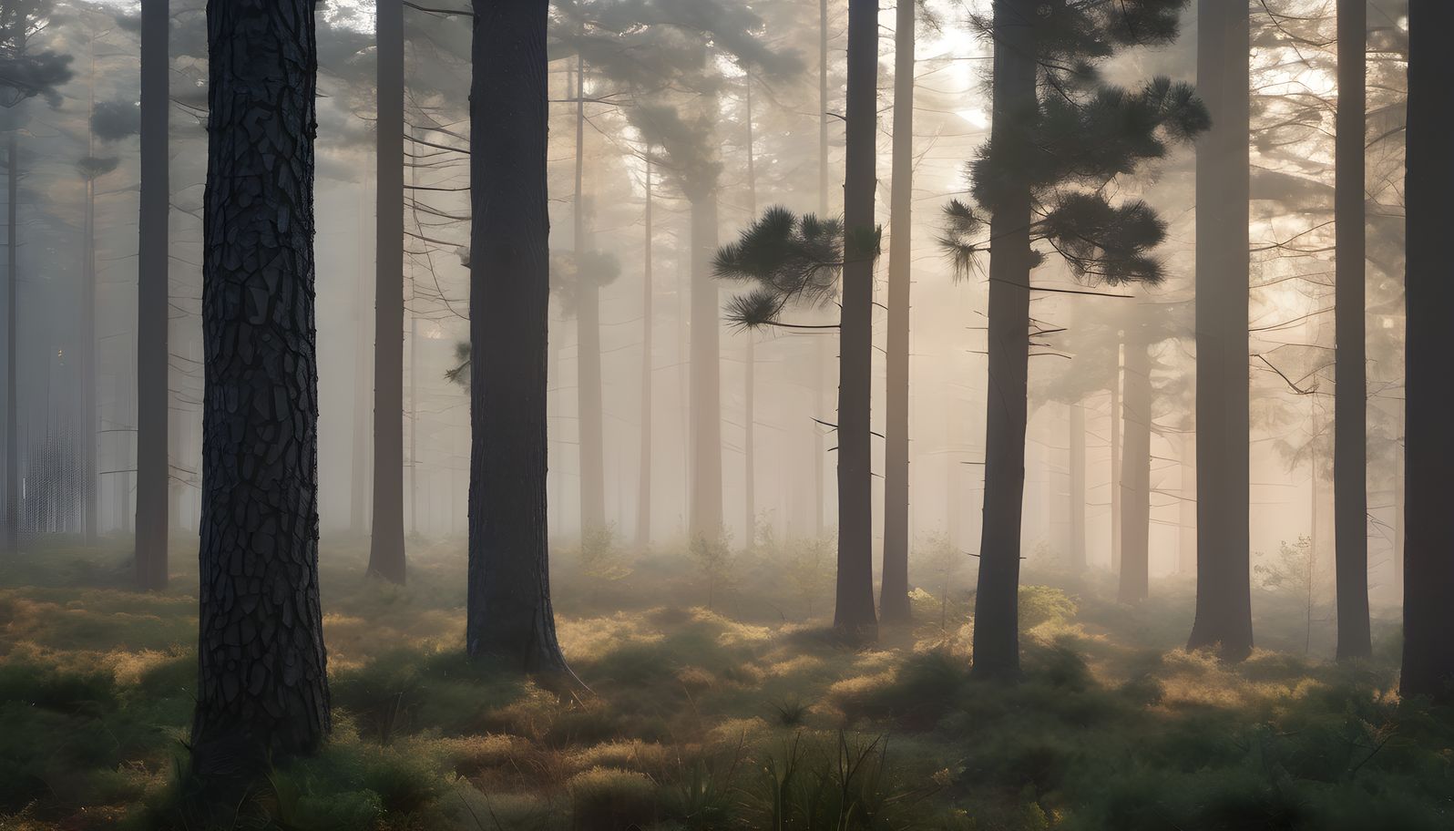 Morning fog drifting between tall pine trees in soft morning light