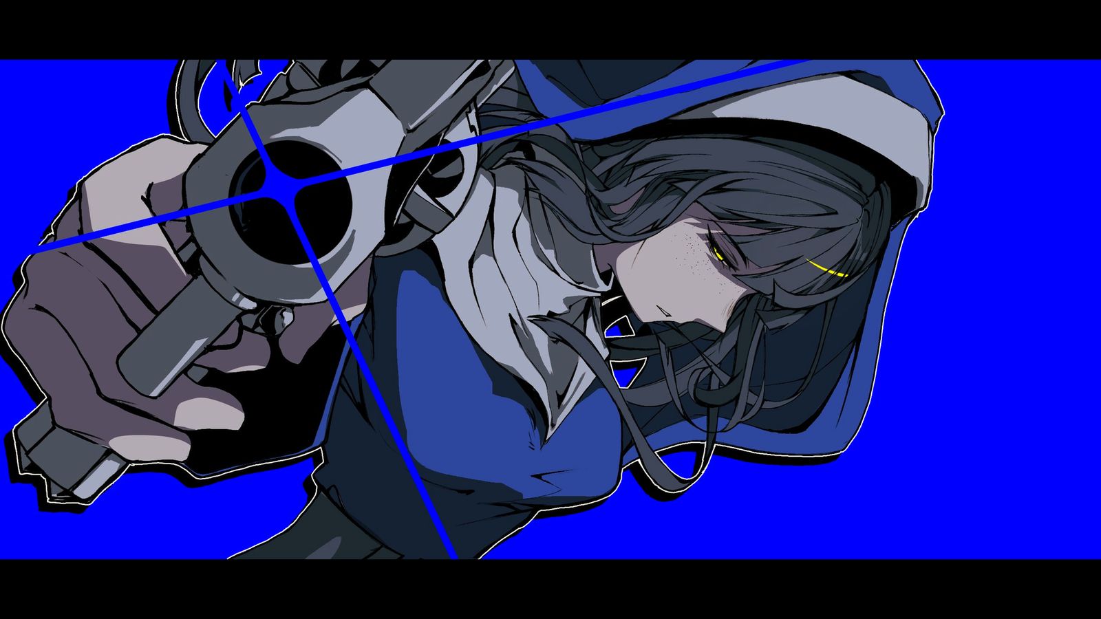 An anime girl in a blue hoodie aims a pistol at the viewer against a bright blue background.