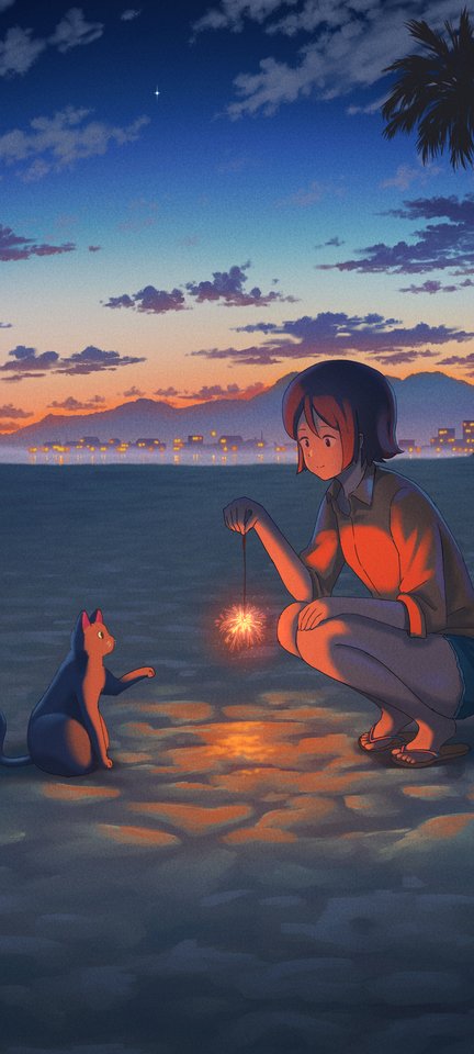 An anime girl crouches on a twilight beach holding a sparkler while a curious cat reaches toward its glow.
