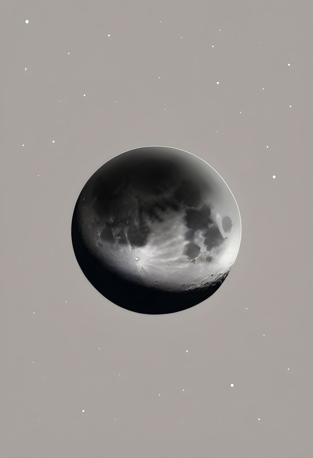 A small glowing moon with faint stars on a vast dark background