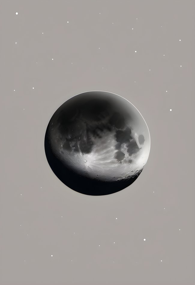 A small glowing moon with faint stars on a vast dark background