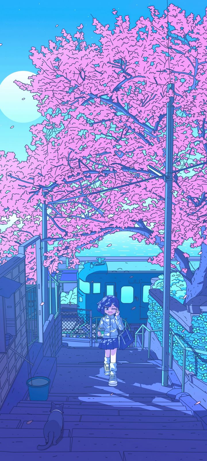 An anime girl walks down city stairs beneath blooming cherry blossom trees as a cat watches nearby.
