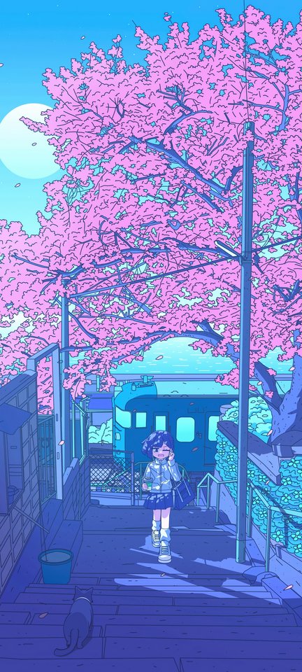 An anime girl walks down city stairs beneath blooming cherry blossom trees as a cat watches nearby.