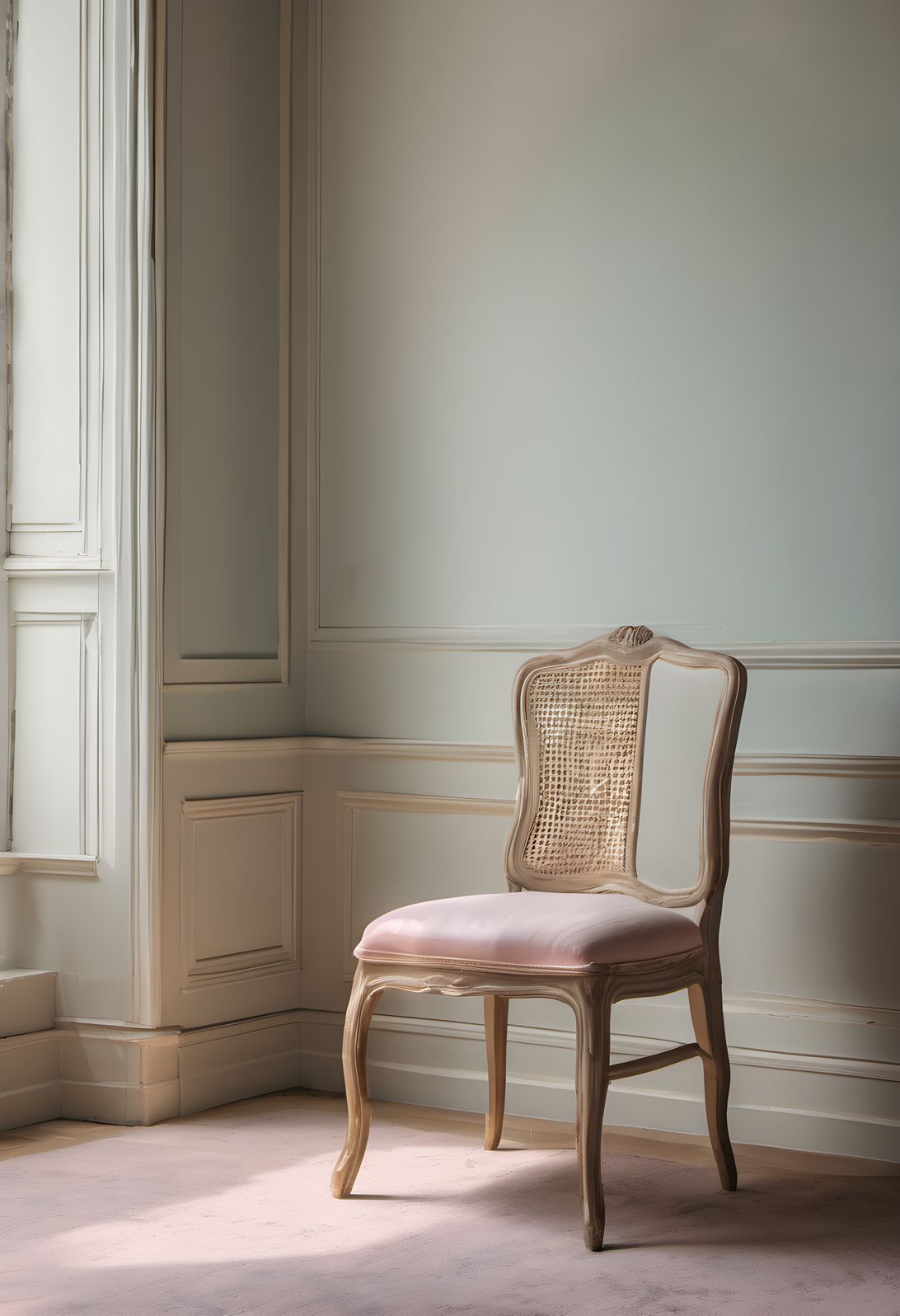 A single chair in an empty pastel room in soft morning light