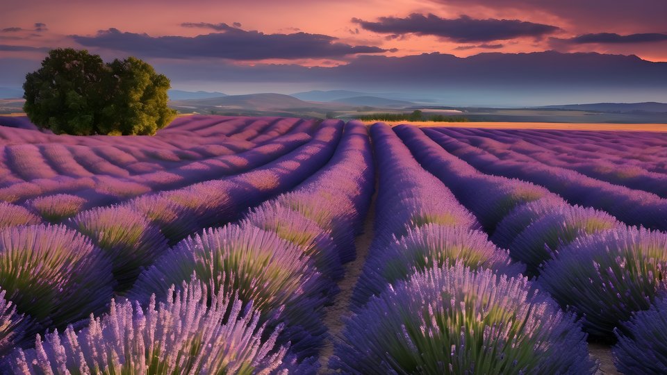 Rows of lavender stretching to the horizon at dusk under dramatic clouds