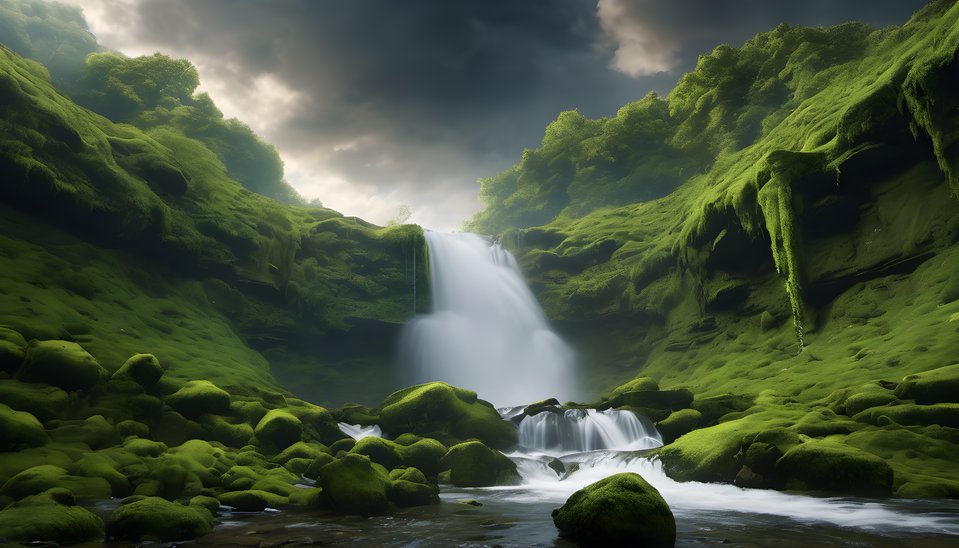 A waterfall dropping into a moss covered canyon under dramatic clouds