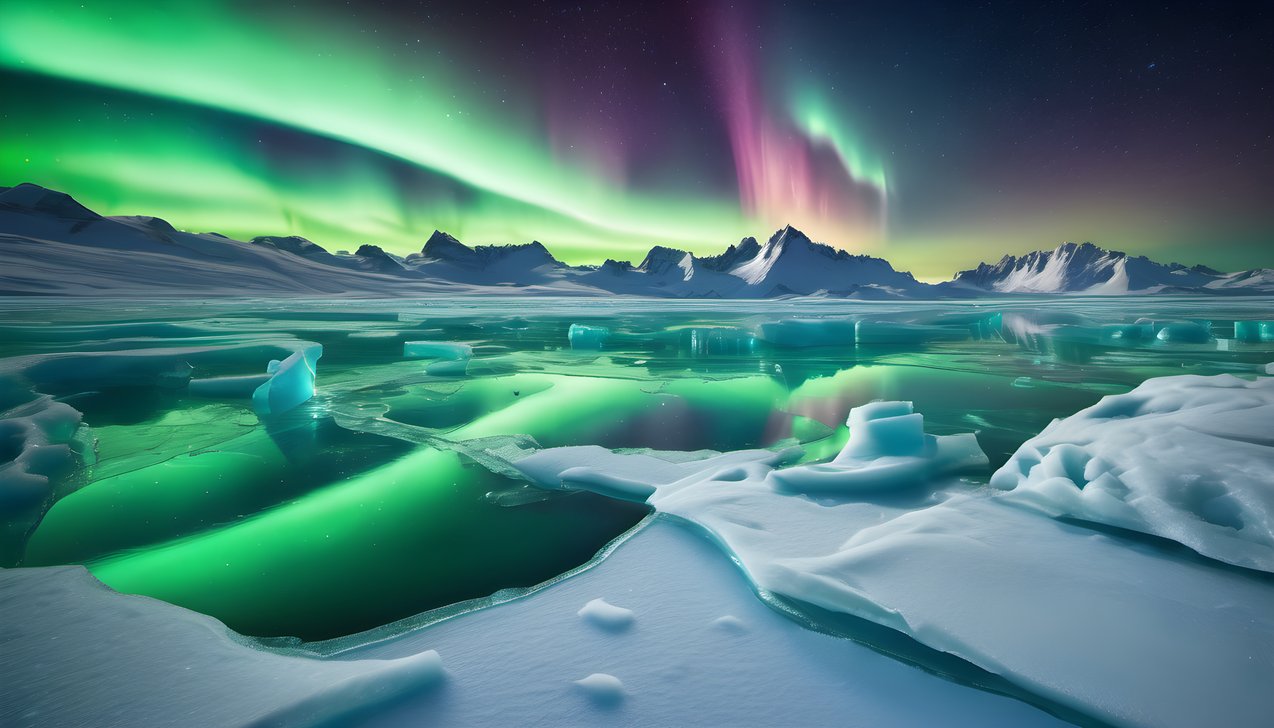 Green aurora ribbons over frozen ice fields that reflect the light