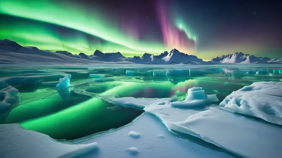 Green aurora ribbons over frozen ice fields that reflect the light