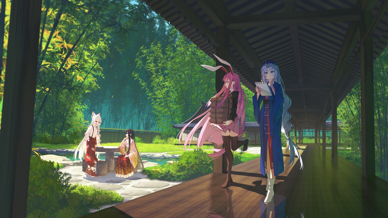 Four anime girls in traditional Chinese clothing walk along a wooden corridor beside a lush bamboo garden with a pond.