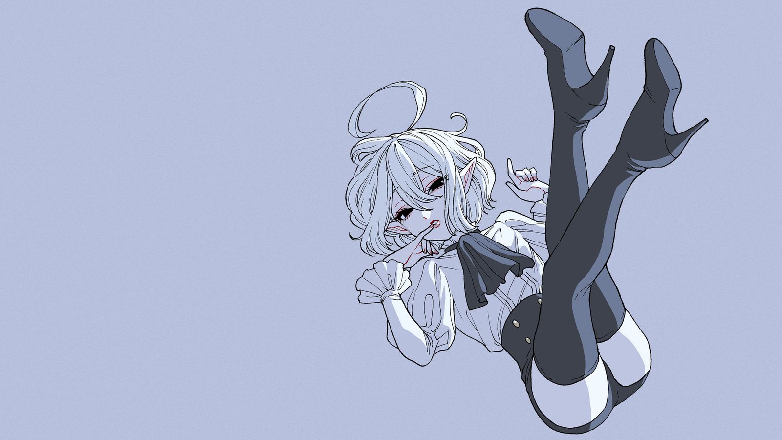Anime illustration of a white-haired elf girl in a white blouse and dark shorts posing with her legs raised against a pale lavender background.
