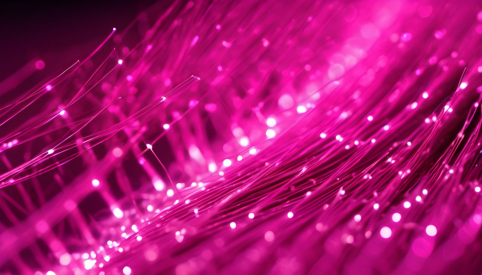 Fiber optic strands glowing magenta on black with shallow depth of field