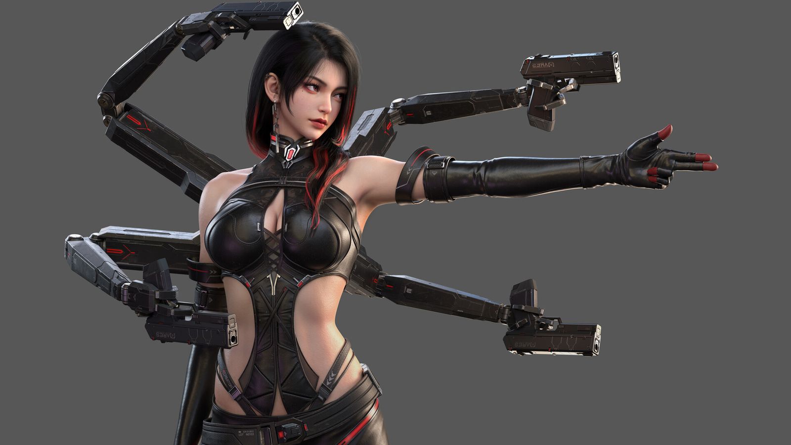 A 3D rendered cyberpunk woman with four mechanical arms holding pistols, wearing a black tactical outfit.
