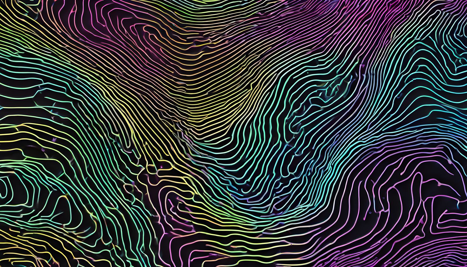 Topographic contour lines drawn in neon in soft diffused light