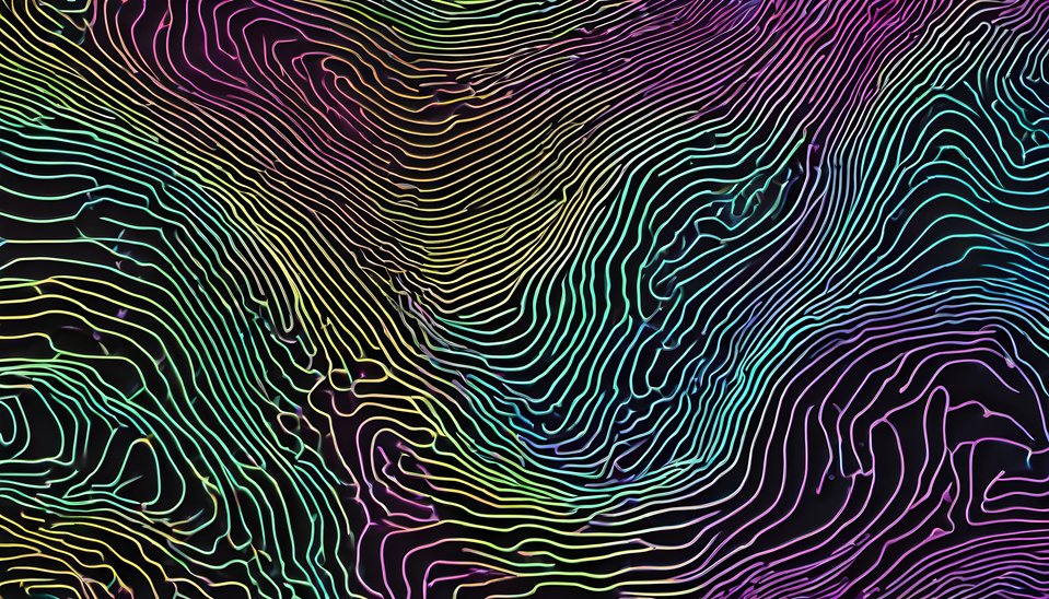 Topographic contour lines drawn in neon in soft diffused light