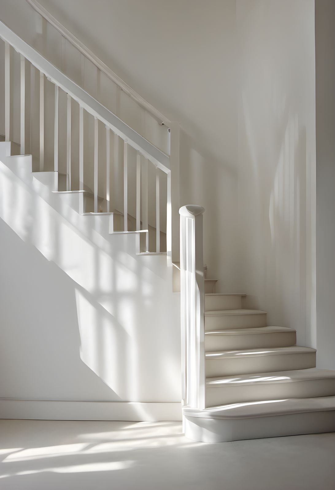 White stairs descending into a shaft of light in soft morning light