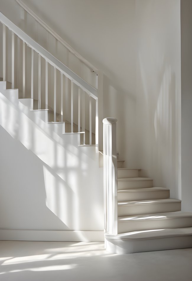 White stairs descending into a shaft of light in soft morning light