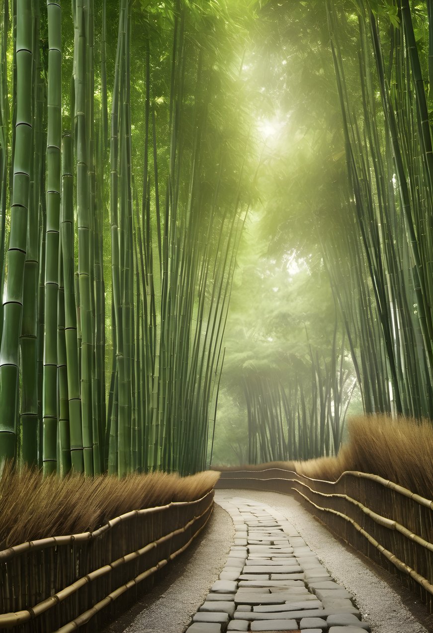 A stone lantern path winding through a bamboo grove