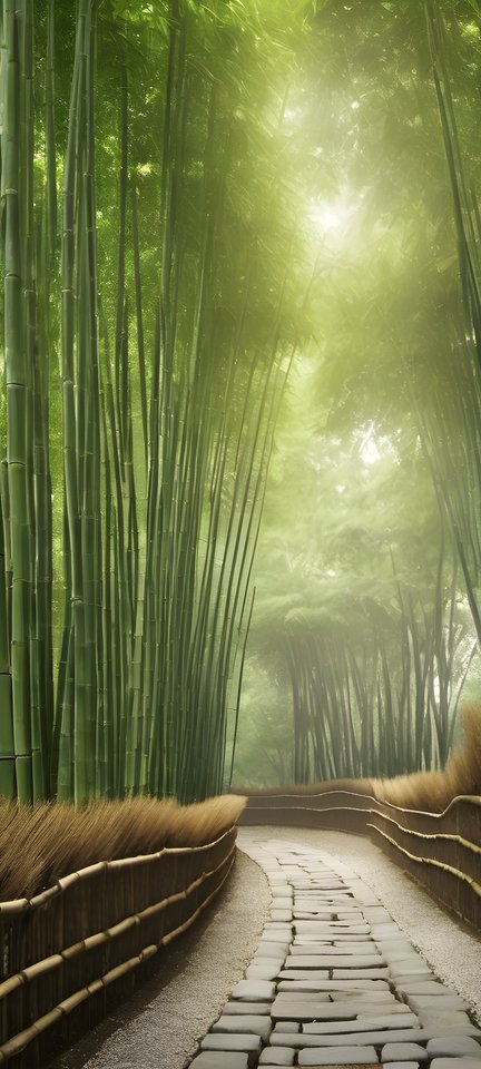 A stone lantern path winding through a bamboo grove
