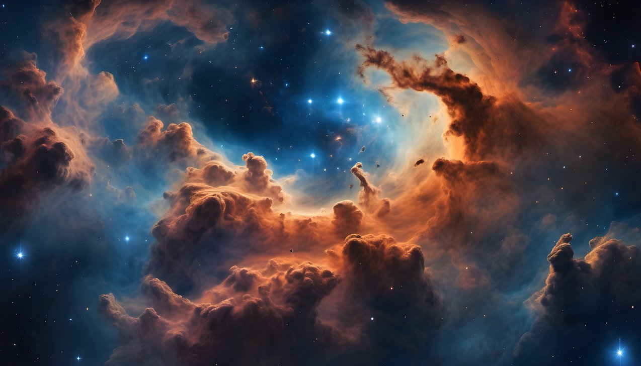Deep blue nebula clouds with a faint orange core across a cosmic vista