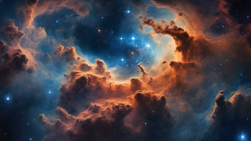 Deep blue nebula clouds with a faint orange core across a cosmic vista