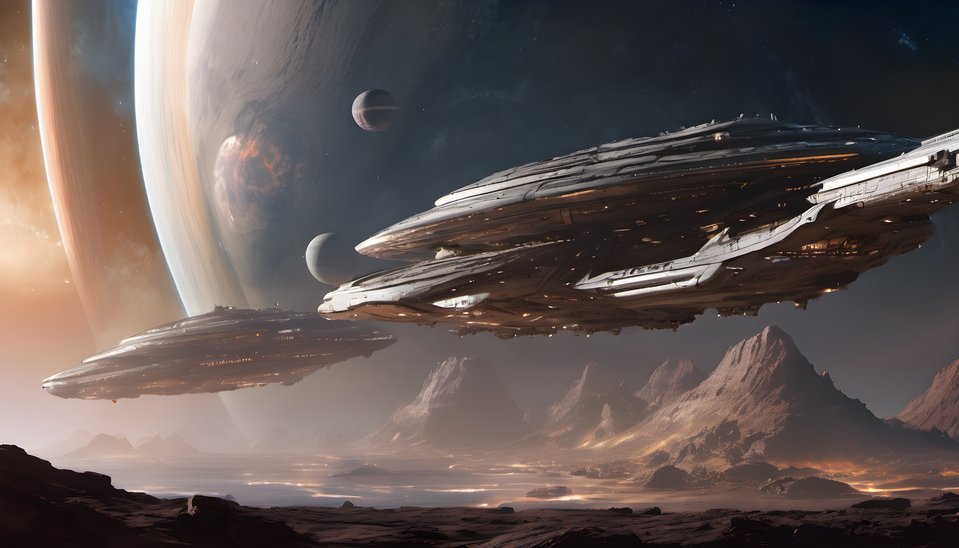 A fleet of massive starships arriving over a ringed planet in formation