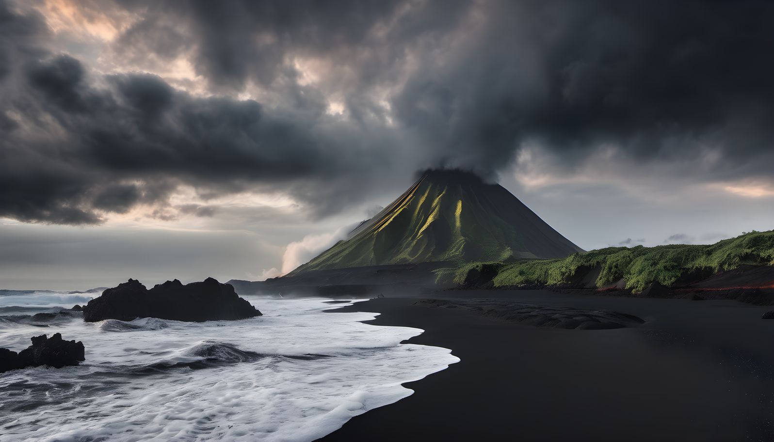 Black sand coastline shaped by volcanic rock under dramatic clouds