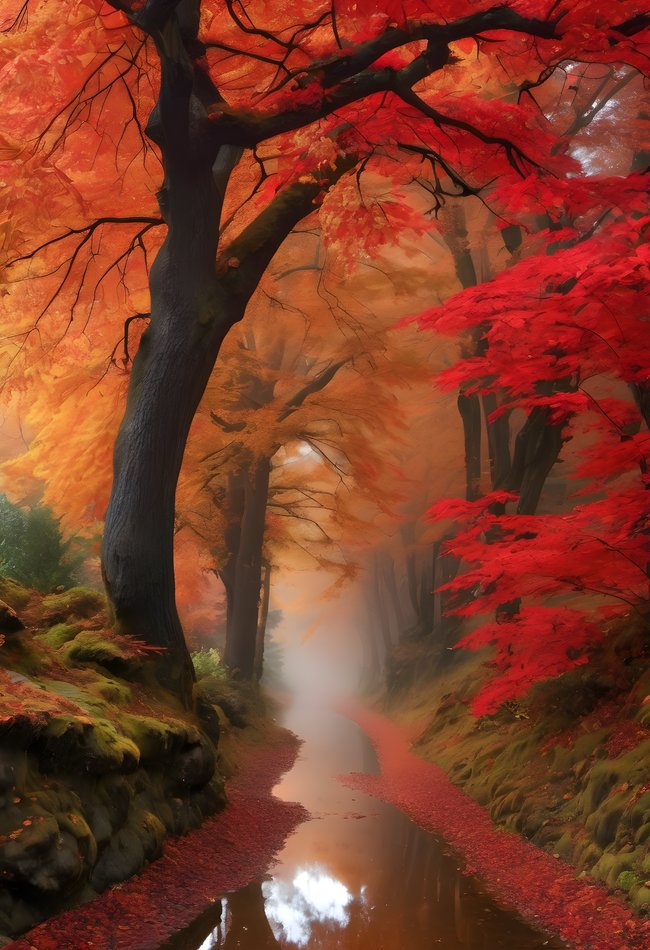 A valley of maple trees in full red and gold autumn color after rain