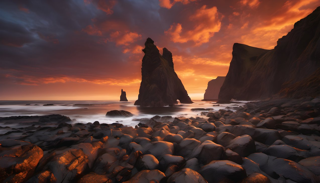 Coastal cliffs and sea stacks under a warm orange sunset sky